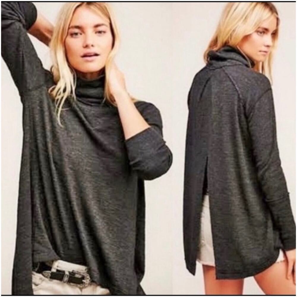 Free People Top Split Back Heathered Gray Turtleneck Blouse S Sweater Shirt Boho